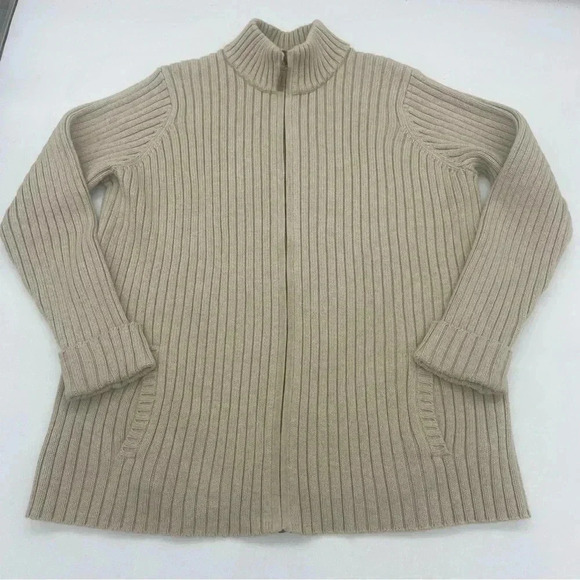 Lauren Ralph Lauren Ribbed Full Zip Sweater Tan Size 1X - Picture 1 of 10